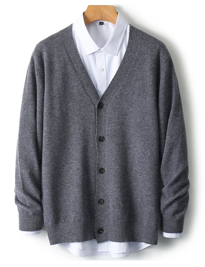 100% Pure Wool Sweater Autumn Winter New Men's Cardigan V-Neck Buckle Jacket Loose Casual Cashmere Knitted Sweater Long Sleeveds