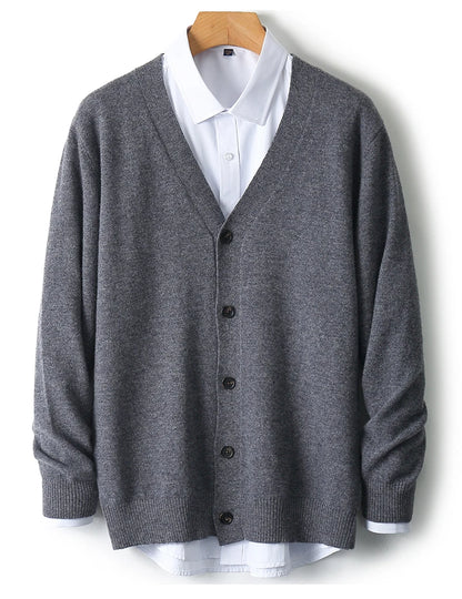 100% Pure Wool Sweater Autumn Winter New Men's Cardigan V-Neck Buckle Jacket Loose Casual Cashmere Knitted Sweater Long Sleeveds