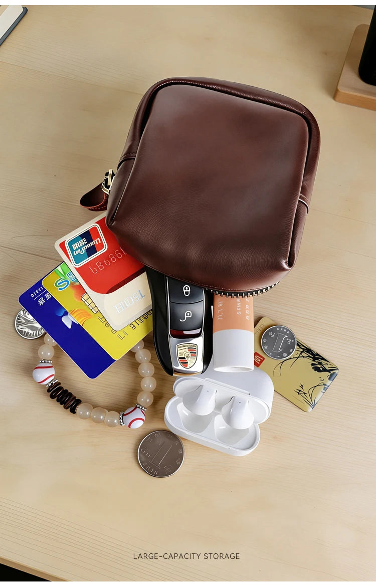 Men's Coin Purse, Genuine Leather Mini Coin Wallet Zipper Pocket with Back Belt Loop Lanyard, Lightweight Keychain Pouch for Men