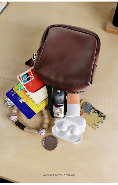 Men's Coin Purse, Genuine Leather Mini Coin Wallet Zipper Pocket with Back Belt Loop Lanyard, Lightweight Keychain Pouch for Men