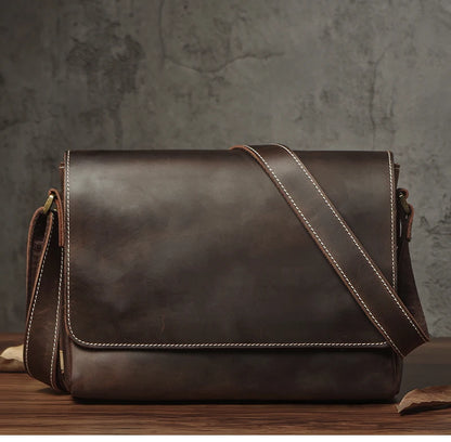 NUKA Men's Genuine Leather Shoulder Bag Retro Original Cowhide Horizontal Crossbody Deluxe Flap Messenger Bags For 11 Inch Ipad