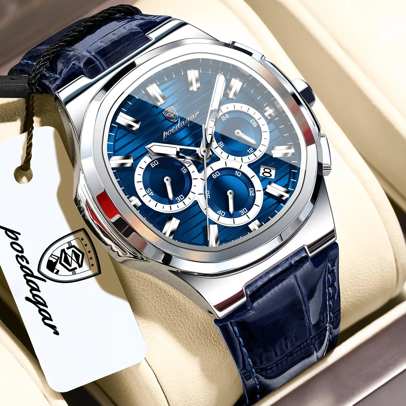 POEDAGAR Top Business Man Wristwatch Date Chronograph Waterproof Luminous Luxury Men Watch Leather Quartz Men's Watches Male+Box