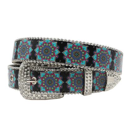 Rhinestone belt B&B style blue print pattern Women's Jeans Rhinestone Belt Men's Belt Western Denim Leather HipHop Rock