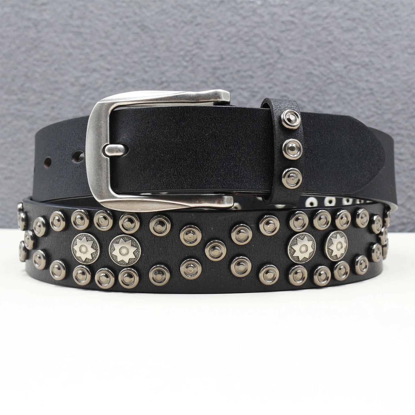 Rock Genuine Leather Luxury Punk Belt Jeans Heavy duty Hollow manual  Designer Brand Belt Men Rivet Three-pin buckle Belt Male