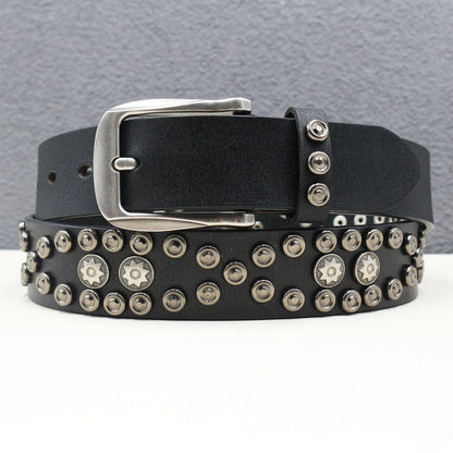 Rock Genuine Leather Luxury Punk Belt Jeans Heavy duty Hollow manual  Designer Brand Belt Men Rivet Three-pin buckle Belt Male