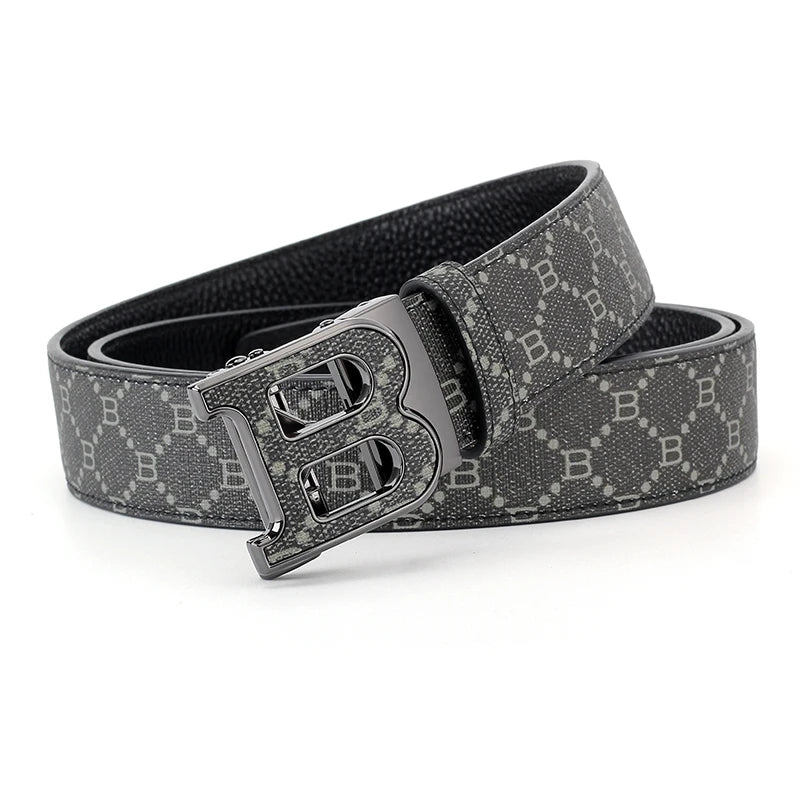 Classic B Print Leather Belt for Men - Adjustable Ratchet Buckle Dress Belt for Suits & Trousers