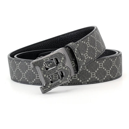 Classic B Print Leather Belt for Men - Adjustable Ratchet Buckle Dress Belt for Suits & Trousers