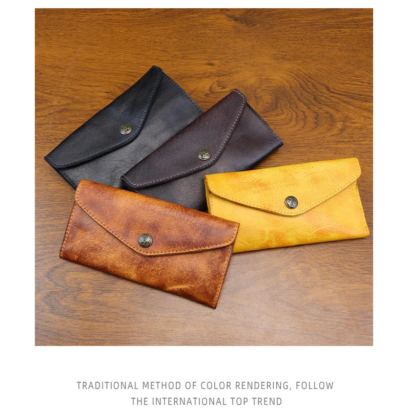 Genuine Leather Retro Men Handmade Wallet Handbag High Quality Phone Pocket Simple Card Bag Big Capacity Male Purses