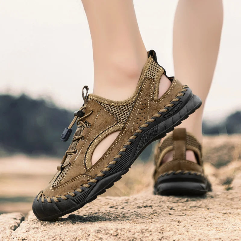 Summer Men Full Casual Leather Hand Stitch Big Size Outdoor Beach Sandals Closed Toe Non Slip Comfort New Summer Walking Shoes