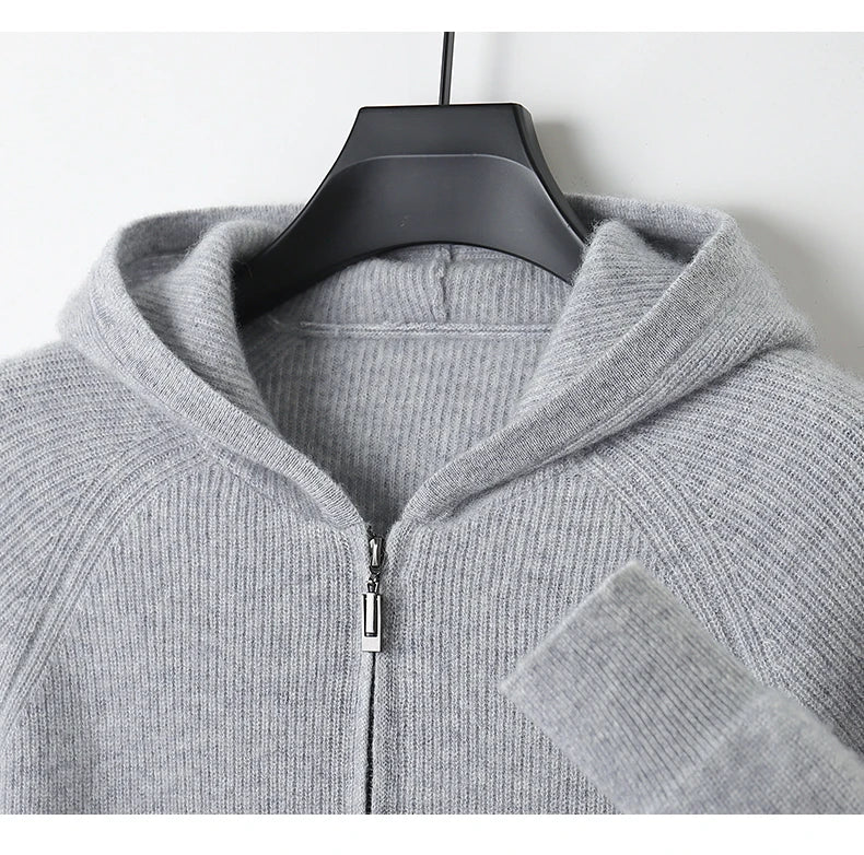 Men 100% Merino Wool Sweater Hooded Zipper Cardigan Autumn Winter Thickened Knit Large-size Jacket Long Sleeved Sportswear Coat