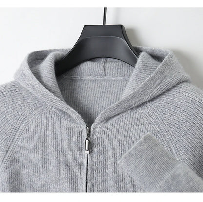 Men 100% Merino Wool Sweater Hooded Zipper Cardigan Autumn Winter Thickened Knit Large-size Jacket Long Sleeved Sportswear Coat