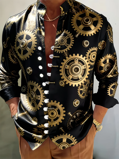 New men's 3D printed long sleeved shirt with high-quality gear pattern casual long sleeved lapel top