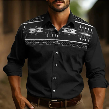 Men's Western Shirt Vintage Pattern Lapel Long Sleeve Button Print Top Fashion Streetwear Designer Western Style