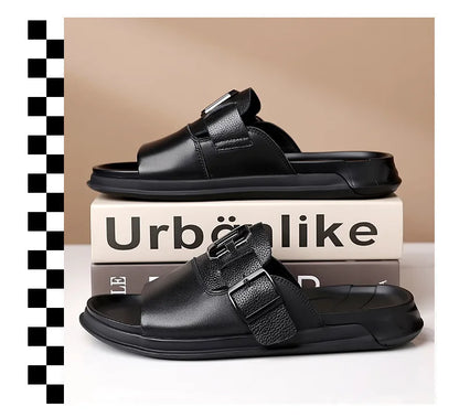 Men Outwear Genuine Leather Slippers for Men Fashion Buckle Designer Summer Flip-flops Male Casual Non-slip Beach Shoes Man