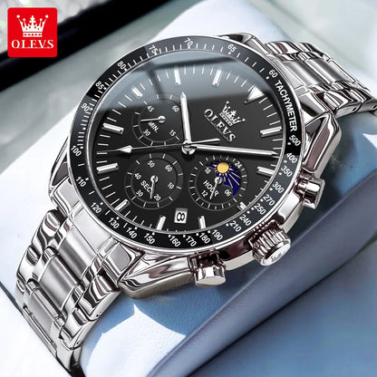 OLEVS 3618 Waterproof Luminous Date Moon Chronograph Wristwatches Mens Luxury Stainless Steel Quartz Watch for Men Reloj Hombre