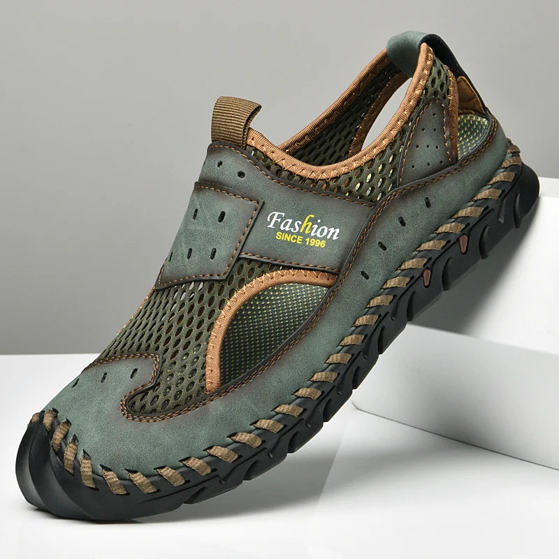 Summer Sandals Breathable Men Shoes Leather & Mesh Outdoor Men Sandals Antiskid Beach Sandals Hollow Flats Footwear Handmade New