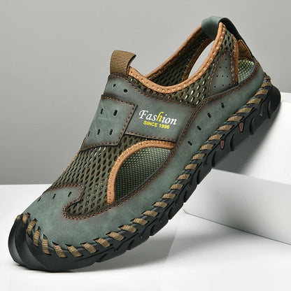 Summer Sandals Breathable Men Shoes Leather & Mesh Outdoor Men Sandals Antiskid Beach Sandals Hollow Flats Footwear Handmade New