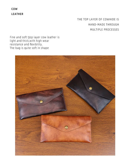 Genuine Leather Men Handmade Wallet High Quality Retro Handbag Simple Phone Pocket Card Bag Big Capacity Male Purses