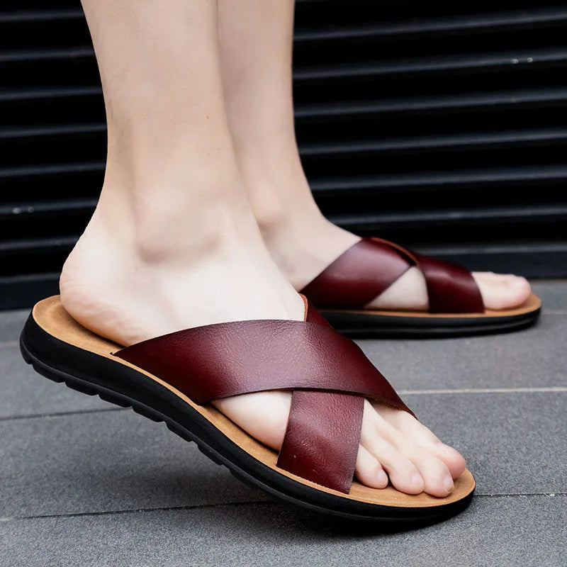 New Arrivals Italian Leather Slippers for Men Summer Hotel Beach High Quality Slip on Light Flats Male Flip Flops Big Size 38-47