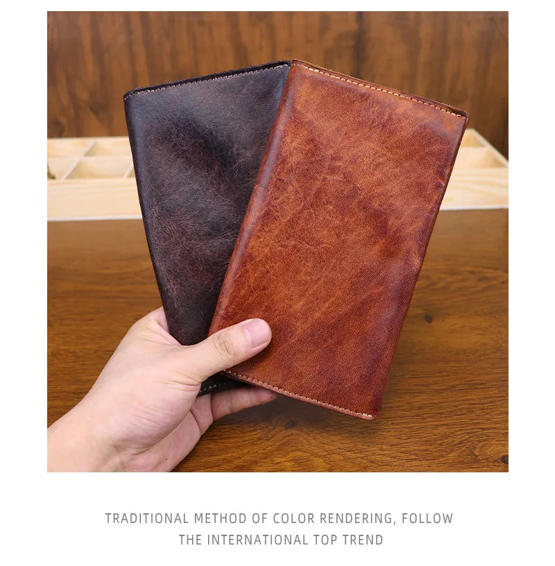 Large Capacity Men Wallet Vintage Genuine Cow Leather Handbag Card Holder Phone Pocket High Quality Handmade Male Money Clips