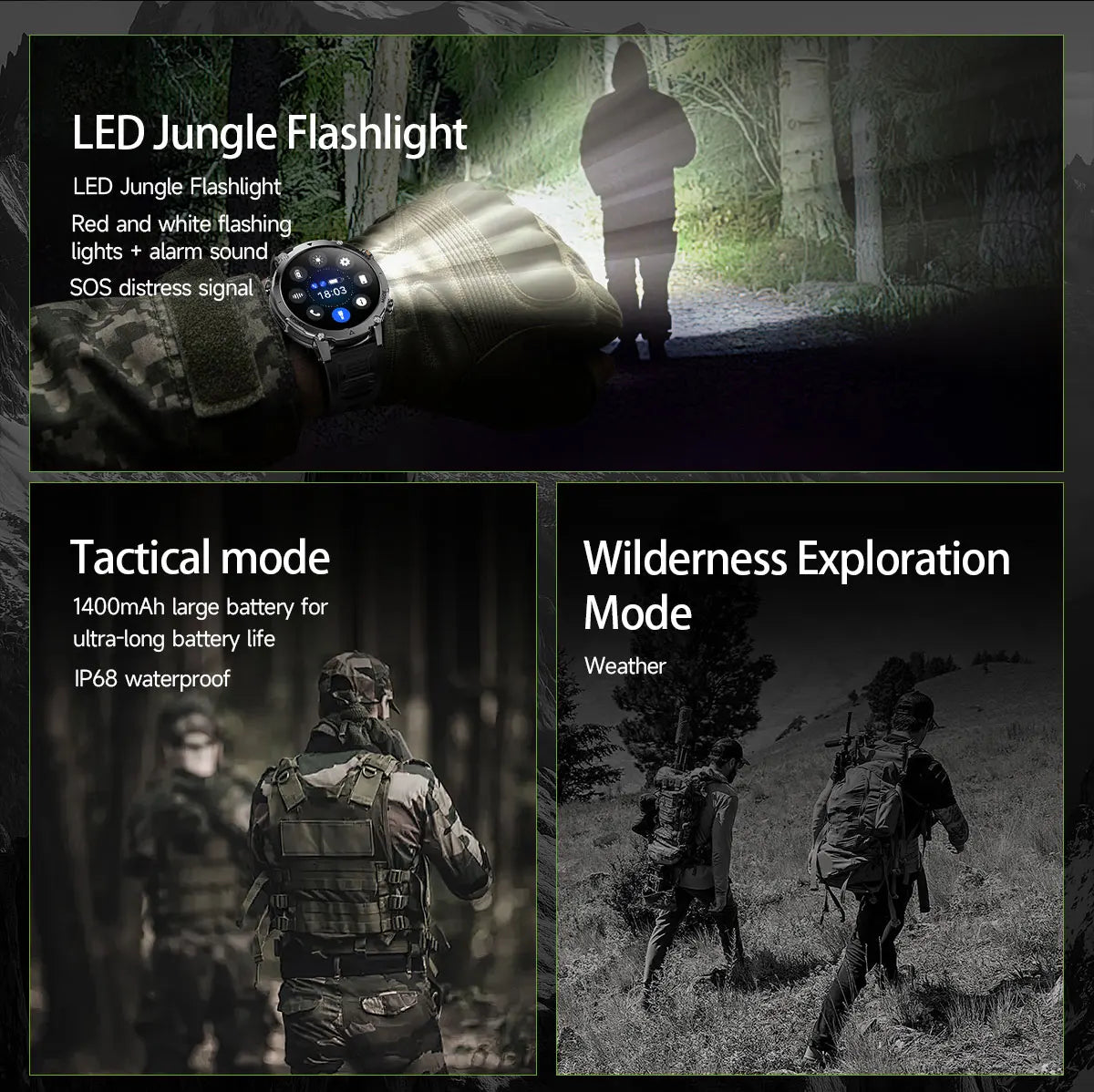 2026 New Military 1400mAh Battery Smart Watch Men Outdoor Flashlight 10ATM Waterproof Heart Rate Bluetooth Call Sports Bracelets