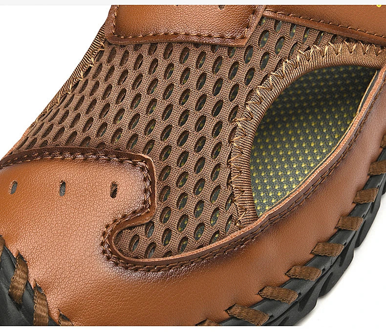 Summer Sandals Breathable Men Shoes Leather & Mesh Outdoor Men Sandals Antiskid Beach Sandals Hollow Flats Footwear Handmade New