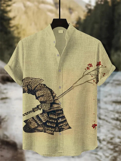 New Men's Samurai Hawaiian Shirt 3D Wave Print Casual Short Sleeve Top Loose Costume Fashion Vintage Shirt