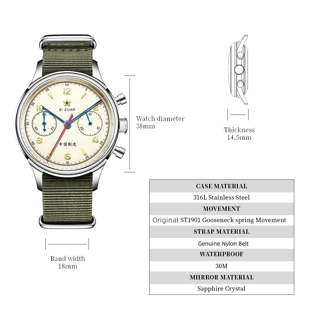 Red Star Retro 1963 Chronograph ST1901 Hand Winding Movement Air Force Pilots Aviation Sapphire Men Mechanical Watch Waterproof