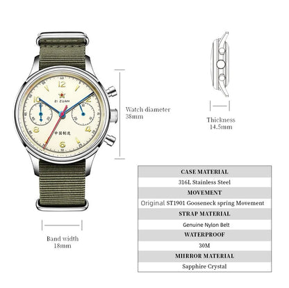 Red Star Retro 1963 Chronograph ST1901 Hand Winding Movement Air Force Pilots Aviation Sapphire Men Mechanical Watch Waterproof