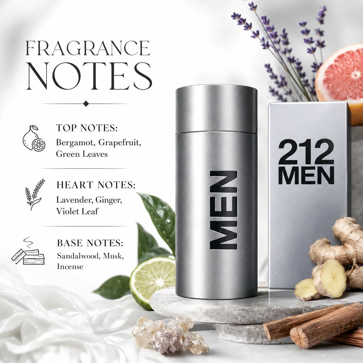 212 MEN Perfume for Men Eau De Toilette Long Lasting Fresh Citrus Woody Aromatic Fragrance Spray Bergamot Lavender Amber Daily Wear Gift 100ml