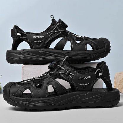 New Fashion Men's Sandals Handmade Summer Beach Shoes Male Breathable Leather Wading Aqua Shoes Outdoor Hollow Shoes Sandalias