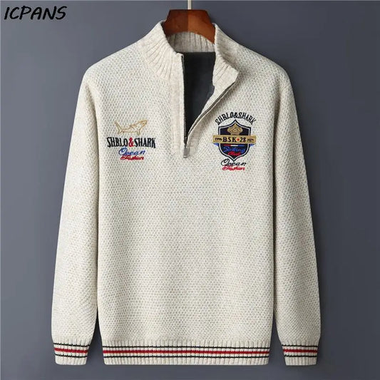 Men's Fleece Warm Half Zip Pullover Knitted Sweater Vintage Letter Print Cotton Coat Red/Black Winter Fashion
