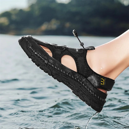 Men's Handmade Simple Letter-Print Sandals, Summer Beach Hollow Sandals, Fashionable Velcro Men's Shoes, Outdoor Hiking and River-Tracing Shoes, Comfortable, Breathable, Wear-Resistant, Non-Slip, Large Size Men's Shoes
