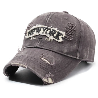 Letter New York Broken Hole Baseball Cap Washed Cotton Adjustable Embroidery Baseball Cap Sunscreen Hats For Man Women Fashion