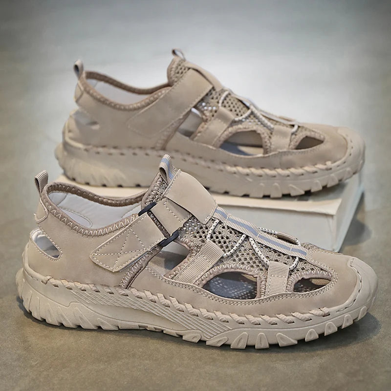 Men Outdoor Protective Toe Sandals Hollow Breathable Mesh Upper Quick Dry Lining Non Slip Walking Camping Driving Casual Shoes
