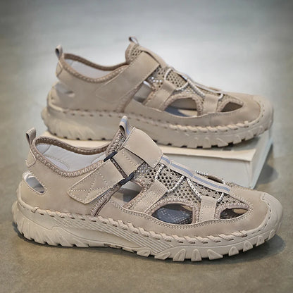Men Outdoor Protective Toe Sandals Hollow Breathable Mesh Upper Quick Dry Lining Non Slip Walking Camping Driving Casual Shoes