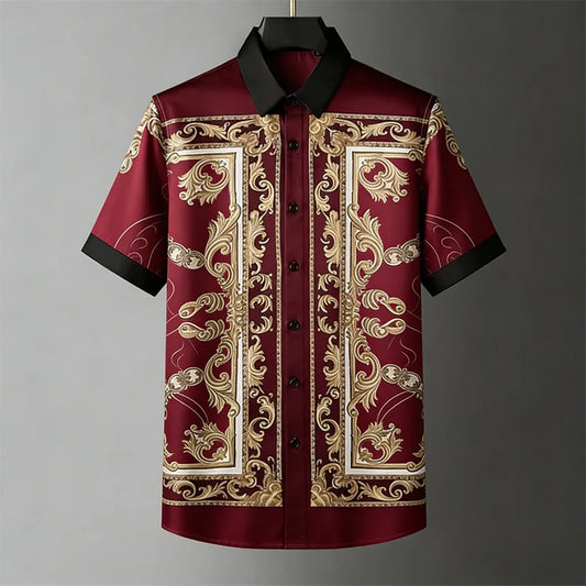 Men's Fashion Retro Breathable Soft Short Sleeve Shirt Gold Pattern Natural 3D Printed Shirt Men's Wedding Casual Party Tops Men