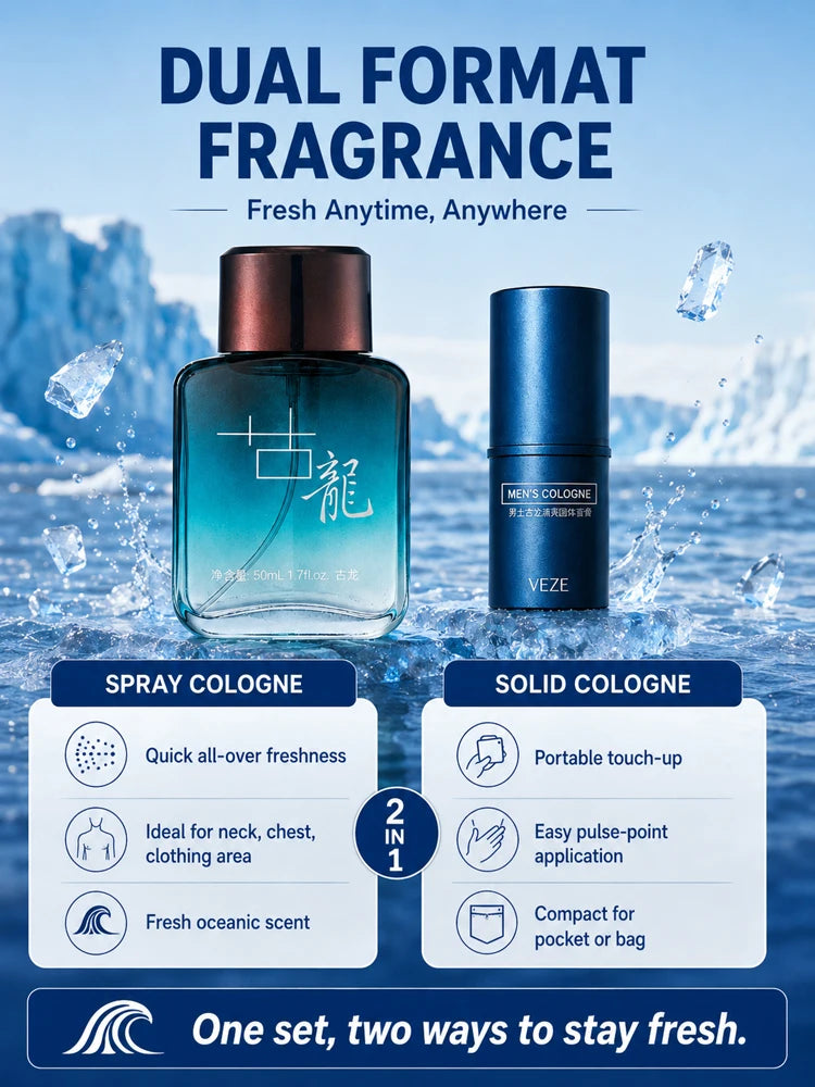 2Pcs Men Cologne Set Ocean Fresh Spray Perfume & Solid Cologne Long Lasting Portable Fragrance Gift for Him Travel Daily