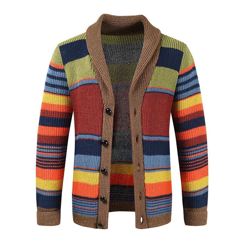 New European and American luxury fashion men's sweater jacket, autumn and winter lapel color blocked knitted cardigan top jacket