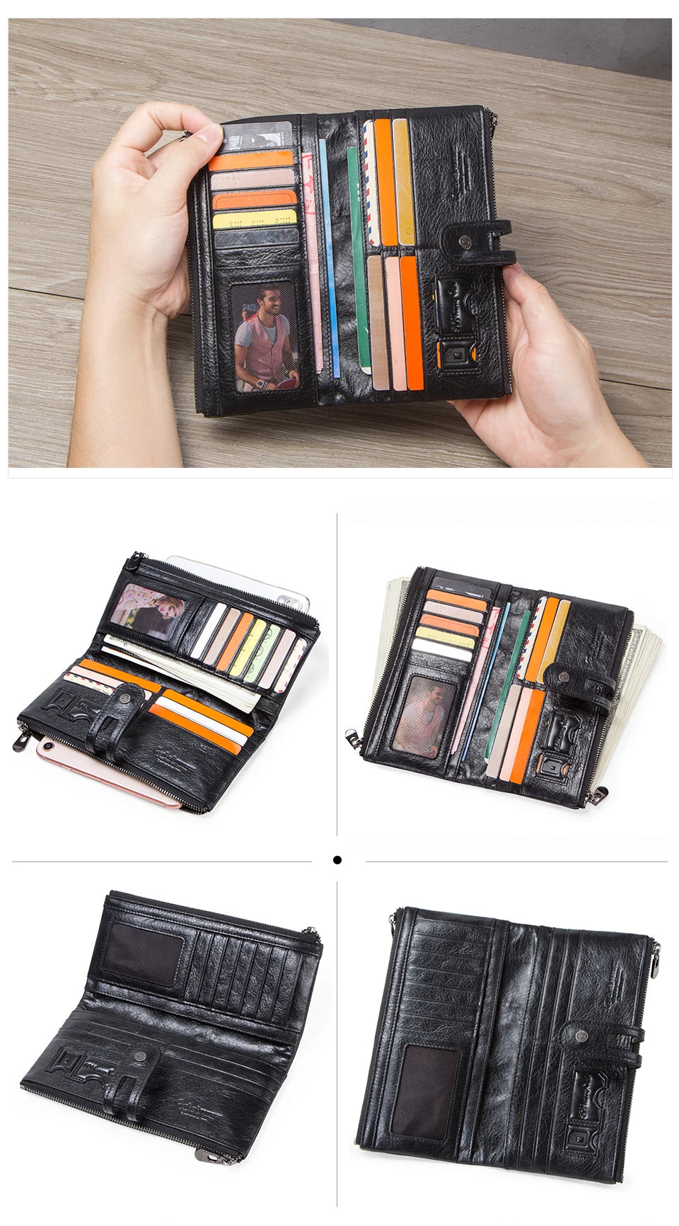 CONTACT'S Men Clutch Wallet Genuine Leather Long Wallet Hasp Card Holder Vintage Male Zipper Coin Purse Money Clip Women Purse