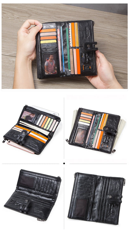 CONTACT'S Men Clutch Wallet Genuine Leather Long Wallet Hasp Card Holder Vintage Male Zipper Coin Purse Money Clip Women Purse