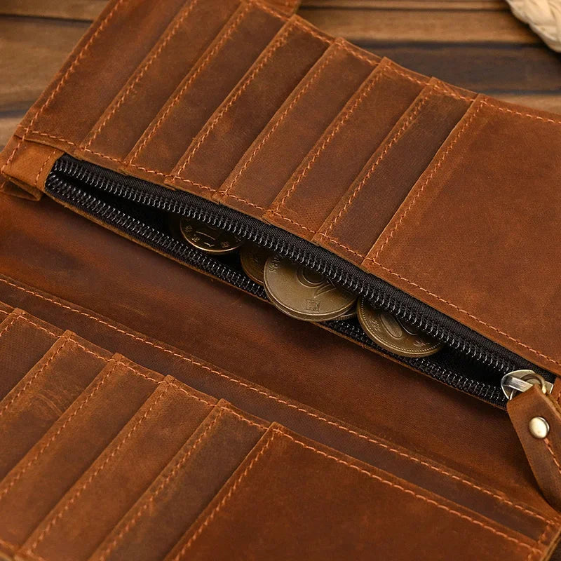 Men's Genuine Leather Wallet Chain Snap Bifold Purse Crazy Horse Leather Card Case Phone Card Holder Clutch Dragon Wallet