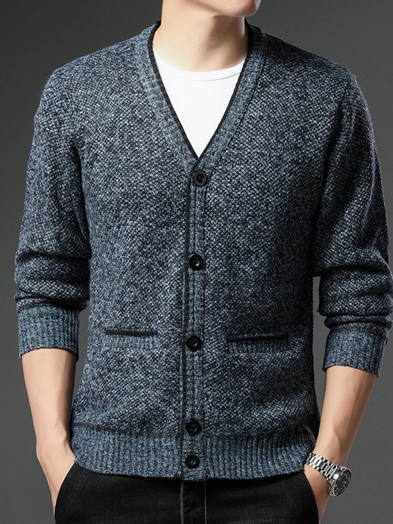 Men's Fleece Lined Knit Cardigan, V-Neck Button Sweater Jacket, Warm Casual Business Knitwear Coat for Autumn Winter