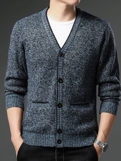 Men's Fleece Lined Knit Cardigan, V-Neck Button Sweater Jacket, Warm Casual Business Knitwear Coat for Autumn Winter