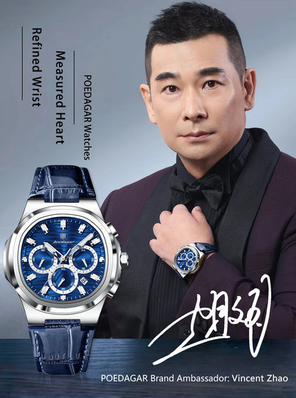 POEDAGAR Top Business Man Wristwatch Date Chronograph Waterproof Luminous Luxury Men Watch Leather Quartz Men's Watches Male+Box
