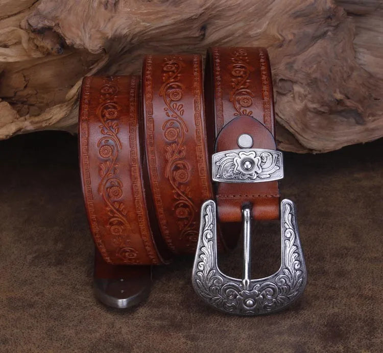High Quality Court Style Embossed Western Cowboy Steel Buckle Belt Genuine Leather Designer Men Belt Punk Jeans Belts For Men