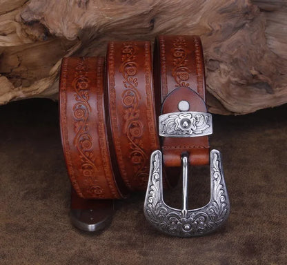 High Quality Court Style Embossed Western Cowboy Steel Buckle Belt Genuine Leather Designer Men Belt Punk Jeans Belts For Men