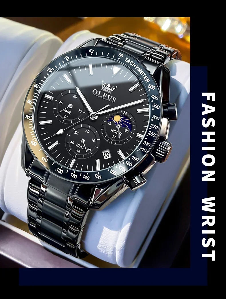OLEVS 3618 Waterproof Luminous Date Moon Chronograph Wristwatches Mens Luxury Stainless Steel Quartz Watch for Men Reloj Hombre