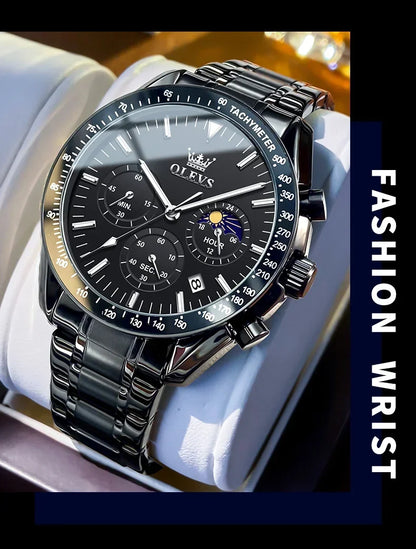 OLEVS 3618 Waterproof Luminous Date Moon Chronograph Wristwatches Mens Luxury Stainless Steel Quartz Watch for Men Reloj Hombre