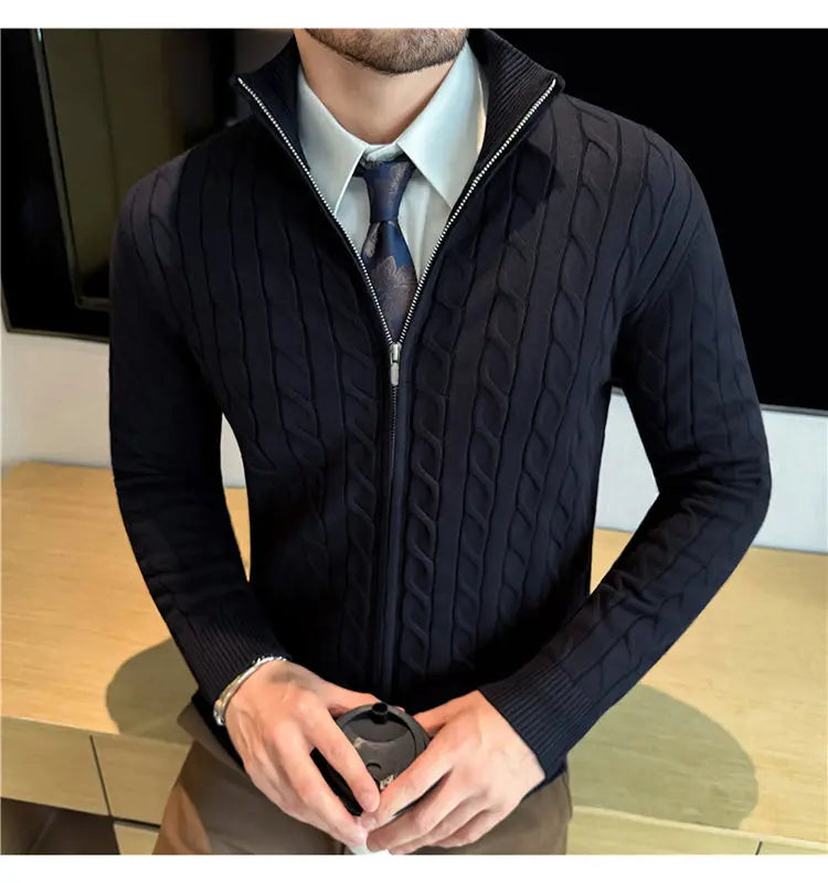 Men's Sweater Autumn Winter New Slim Fit Stand Collar Zipper Knitted Cardigan Fashion Solid Color Warm Stretch Knit Tops Coats